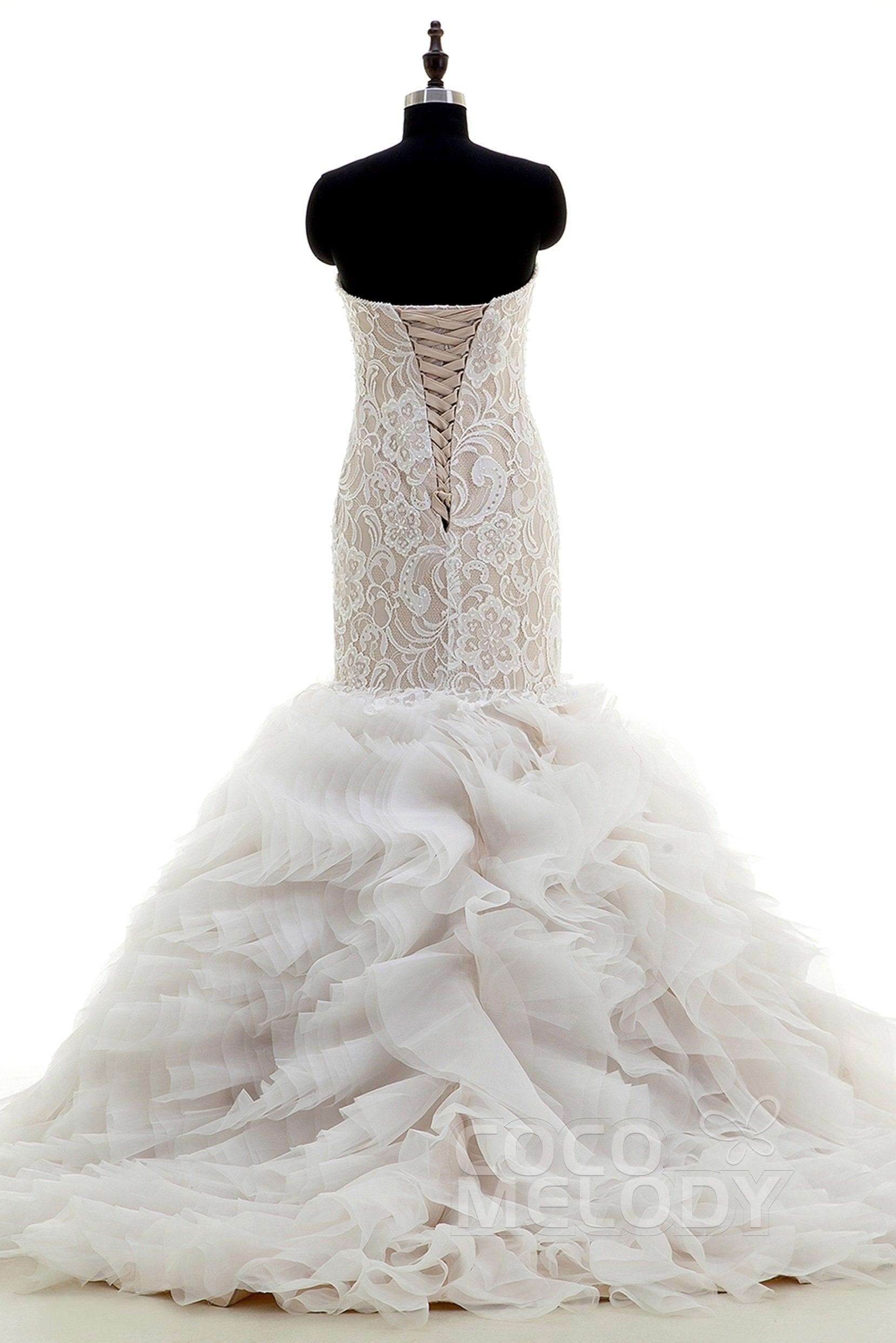 Mermaid Court Train Organza and Lace Wedding Dress CWLT16002 - COCOMELODY