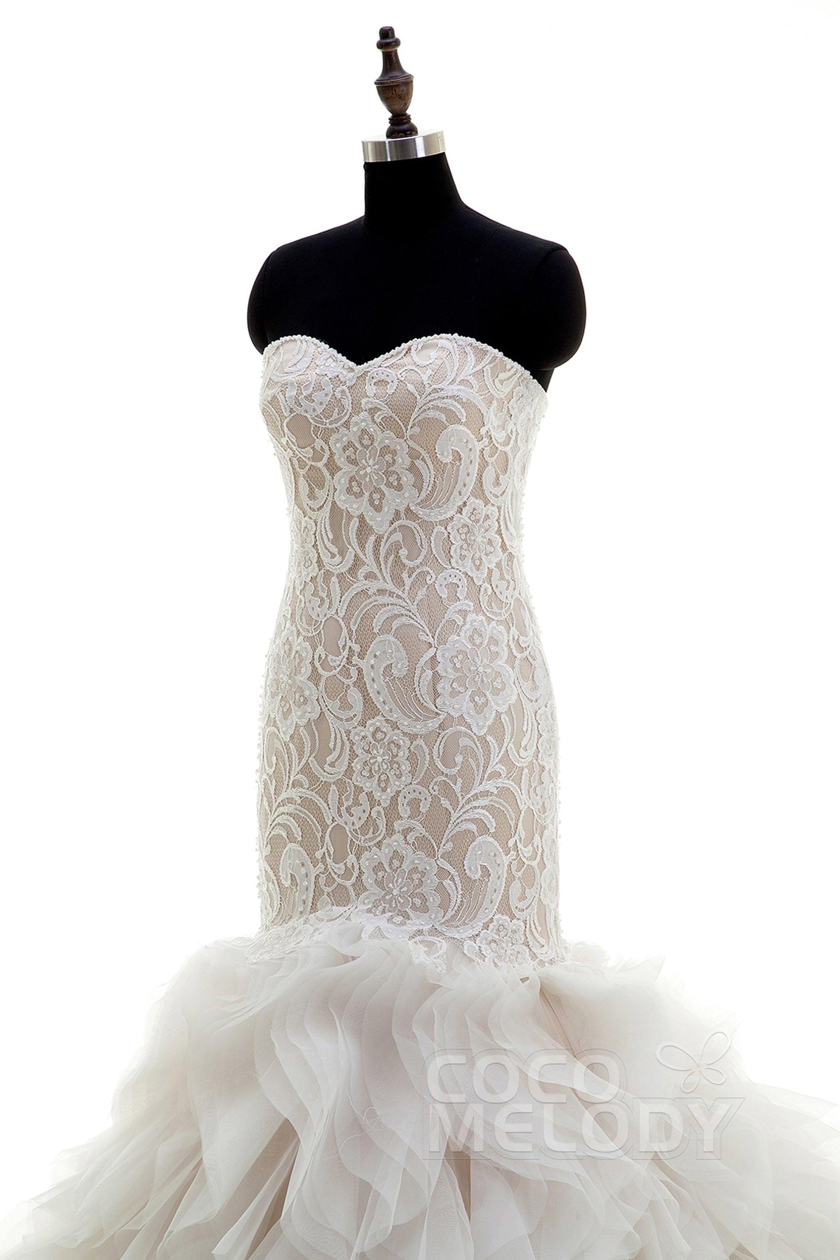 Mermaid Court Train Organza and Lace Wedding Dress CWLT16002 - COCOMELODY
