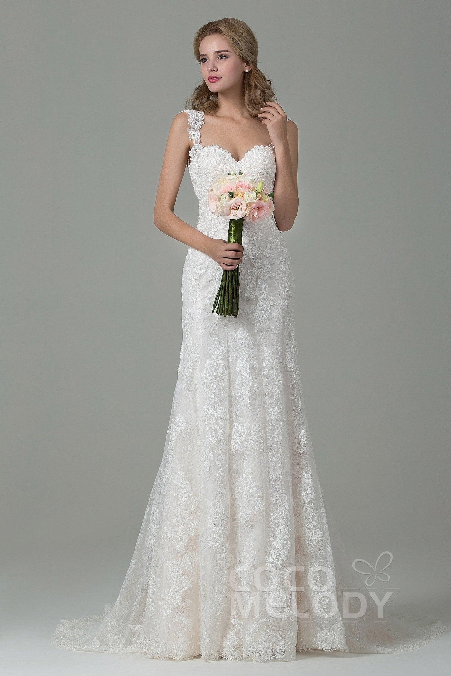 Sheath-Column Court Train Lace Wedding Dress CWVT15002