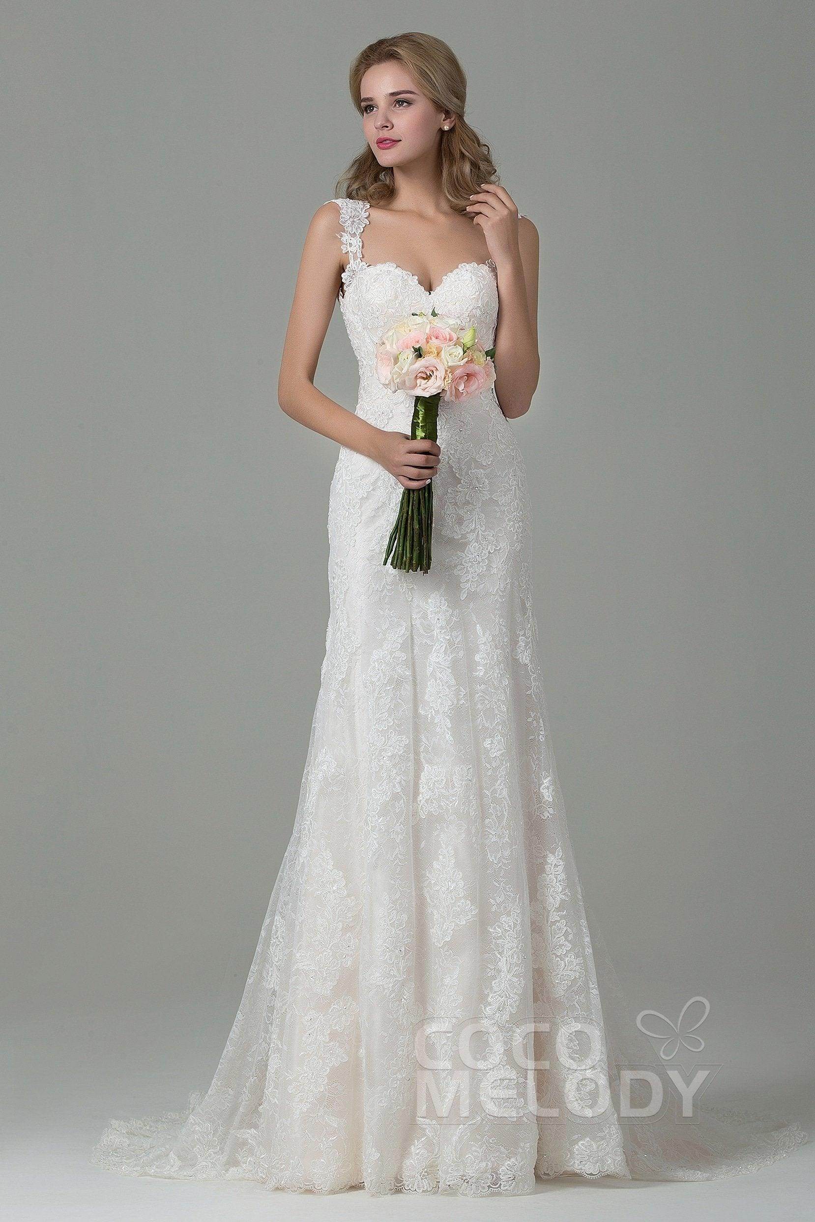 Sheath-Column Court Train Lace Wedding Dress CWVT15002 - COCOMELODY