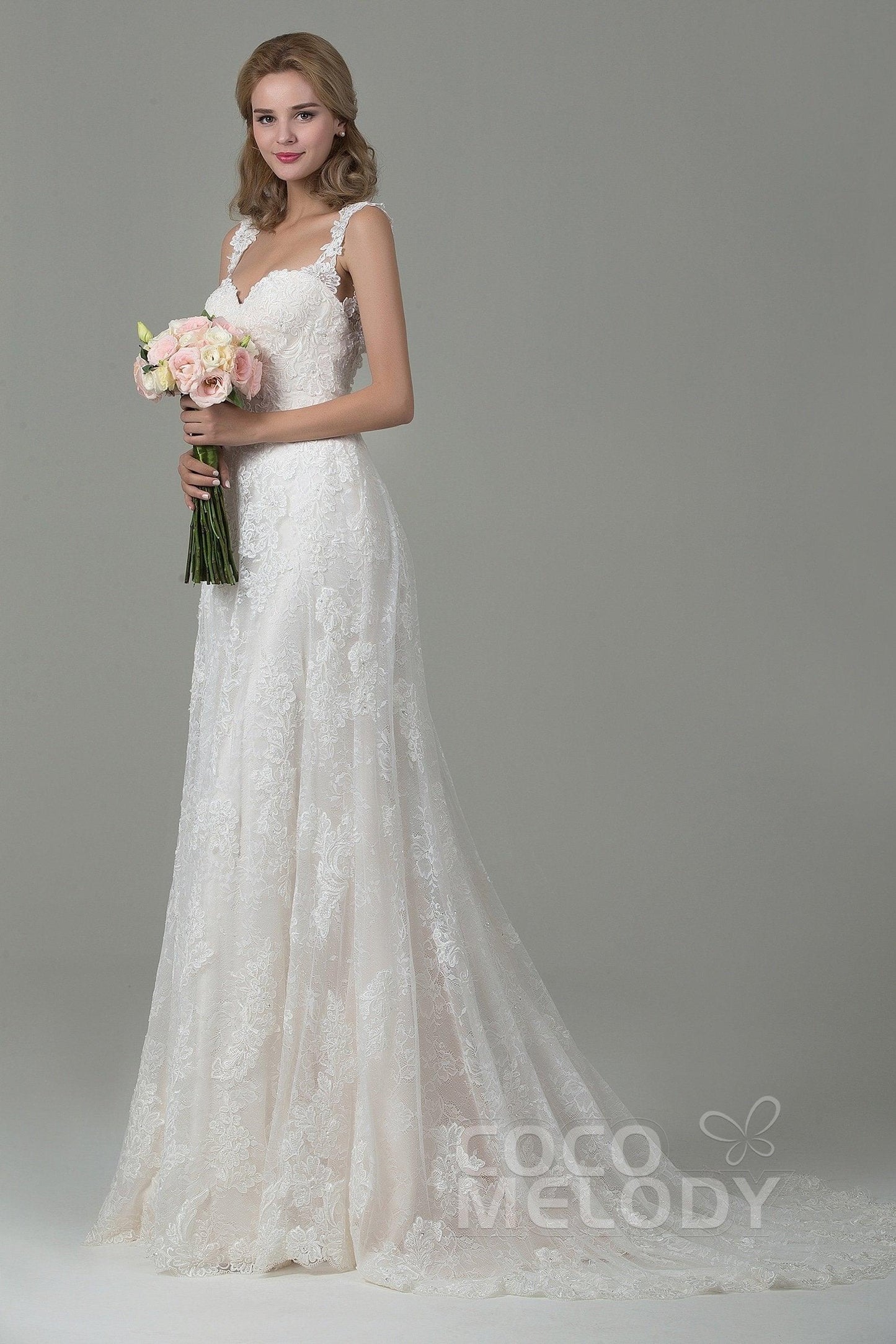 Sheath-Column Court Train Lace Wedding Dress CWVT15002