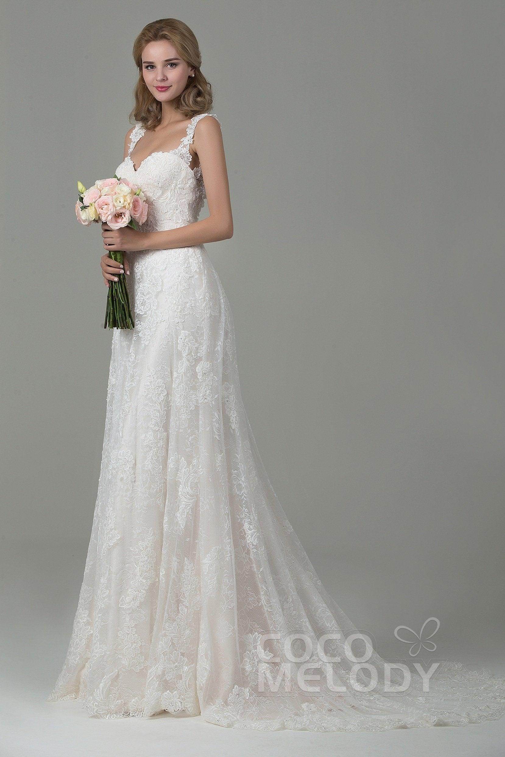 Sheath-Column Court Train Lace Wedding Dress CWVT15002 - COCOMELODY