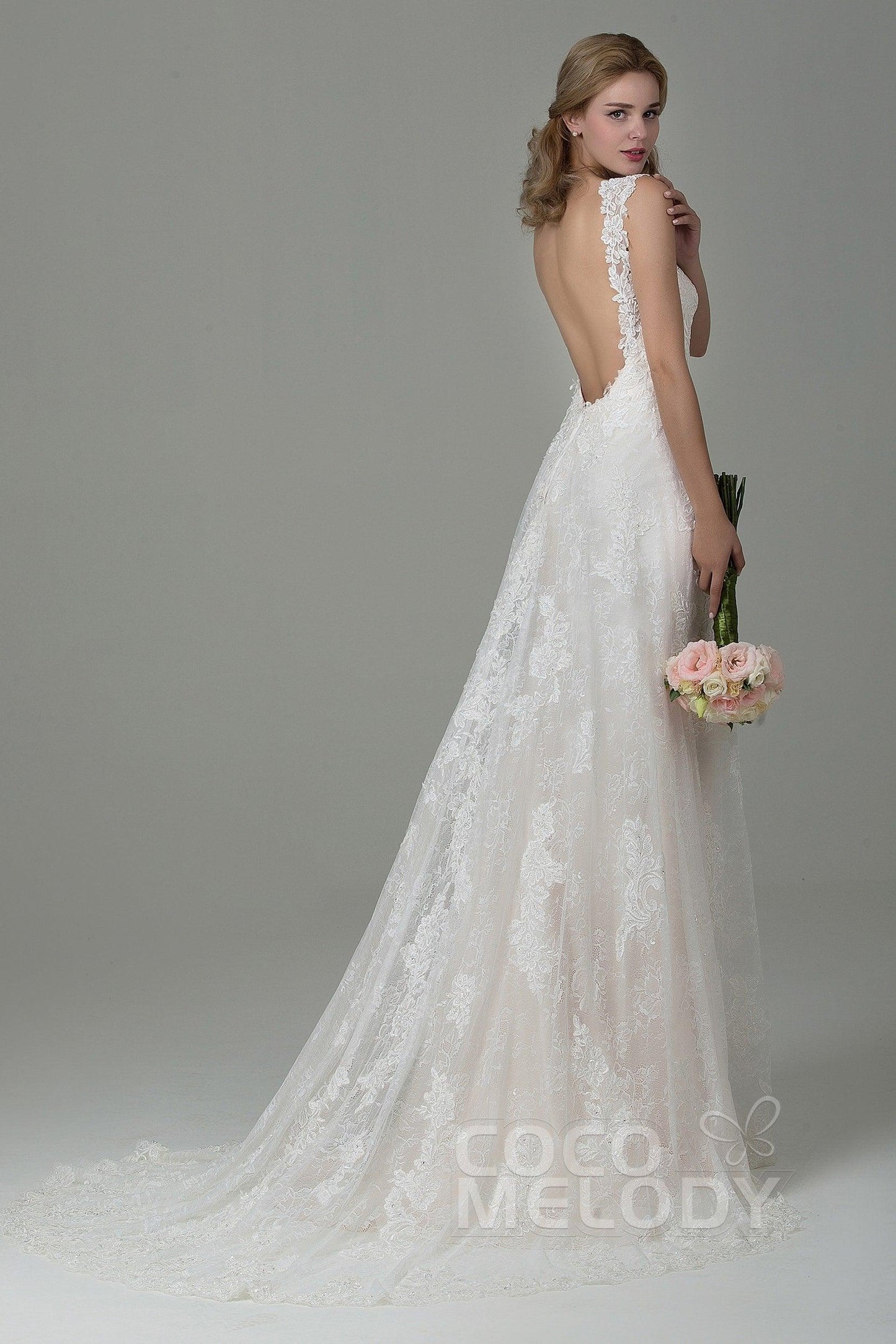 Sheath-Column Court Train Lace Wedding Dress CWVT15002