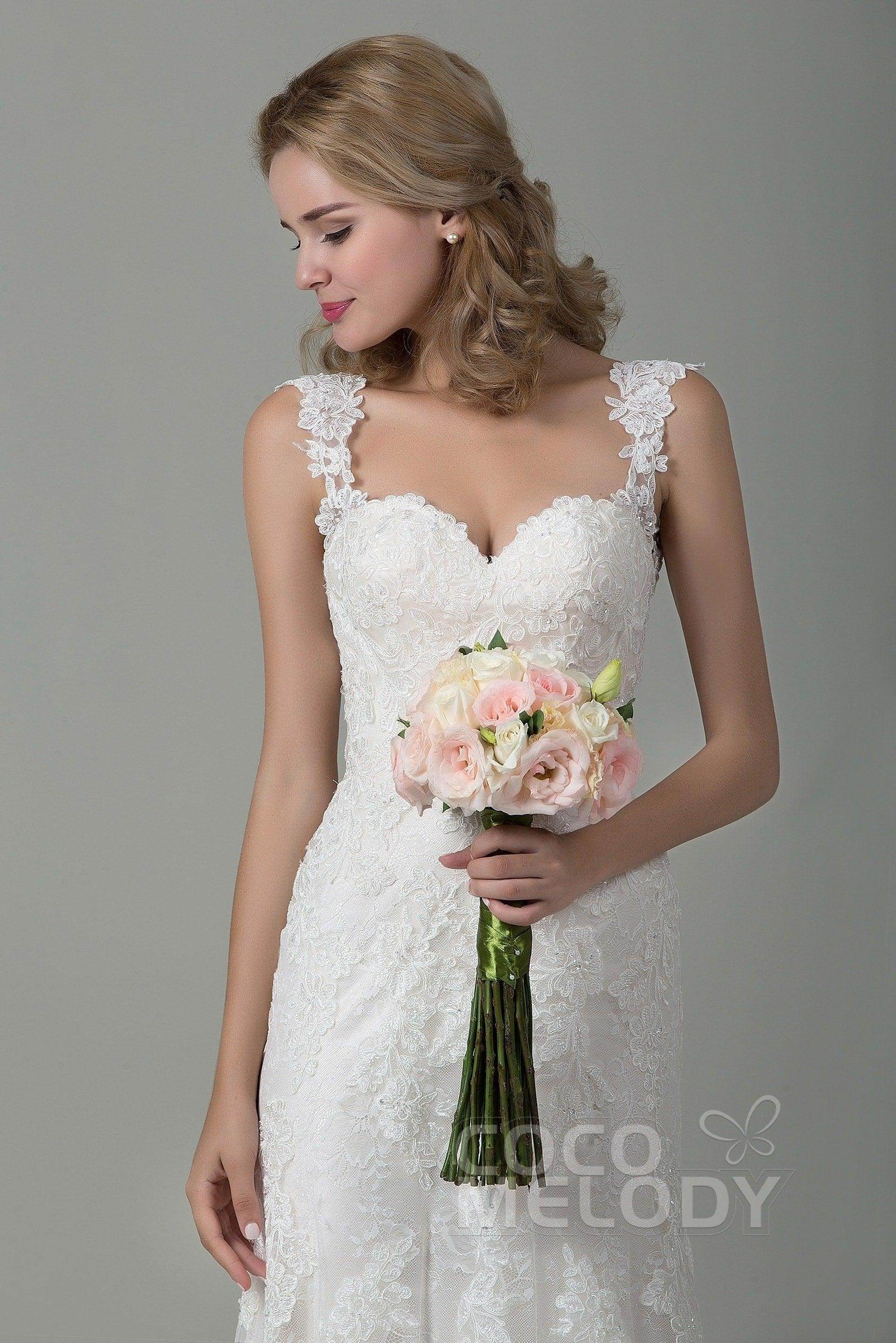Sheath-Column Court Train Lace Wedding Dress CWVT15002 - COCOMELODY
