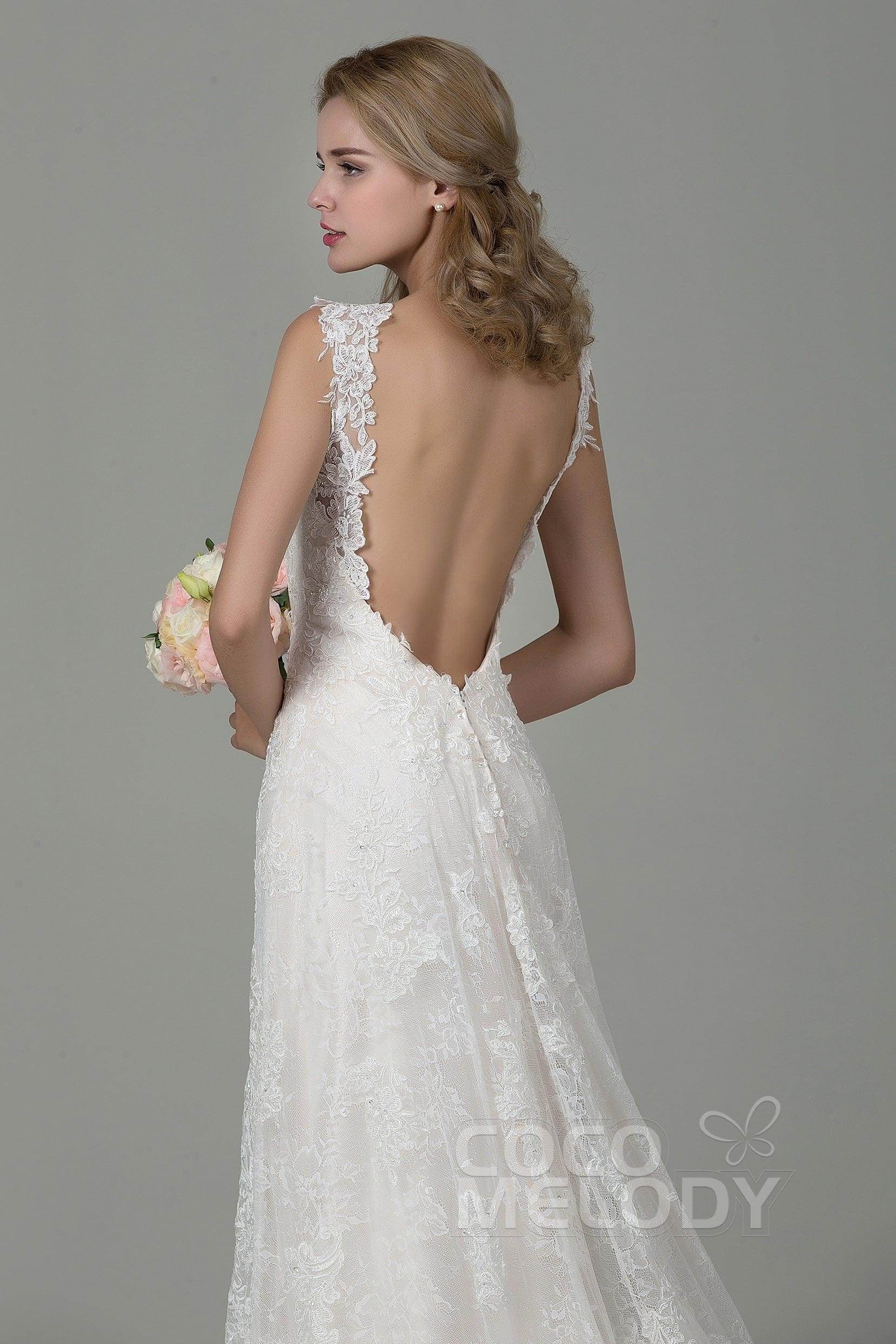 Sheath-Column Court Train Lace Wedding Dress CWVT15002 - COCOMELODY