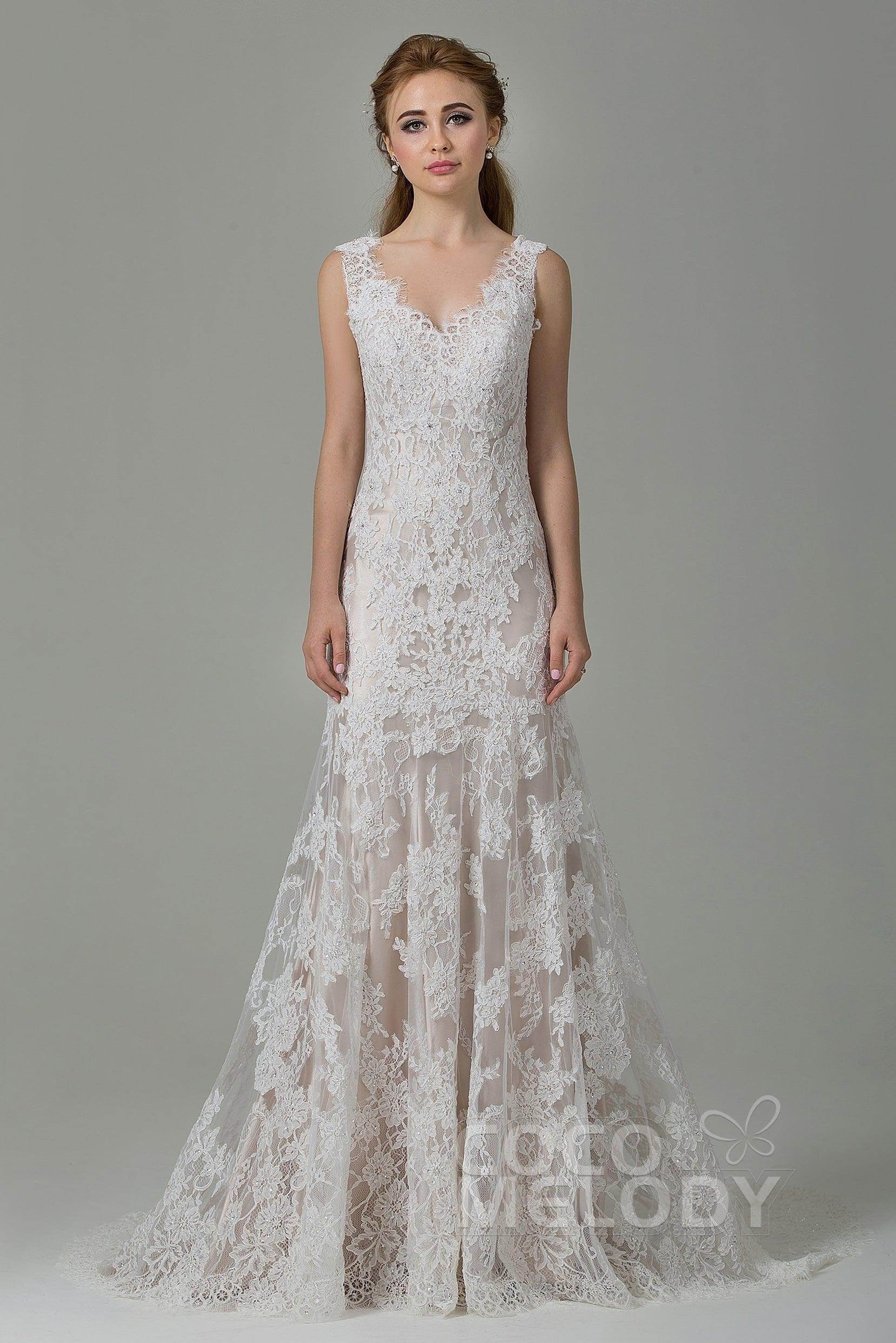 Sheath-Column Sweep-Brush Train Lace Wedding Dress CWXT14061 - COCOMELODY
