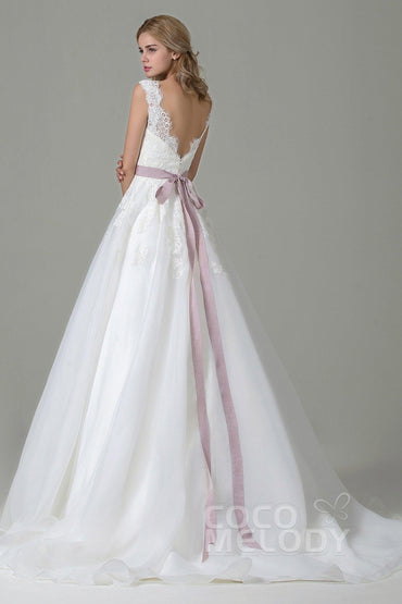 A-Line Court Train Lace and Organza Wedding Dress CWZT15007 - COCOMELODY