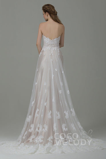Sheath-Column Court Train Tulle Lace Wedding Dress CWZT15008 - COCOMELODY