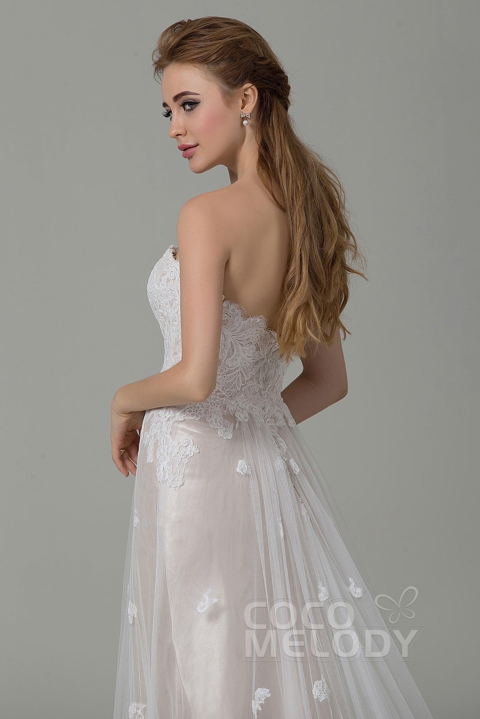 Sheath-Column Court Train Tulle Lace Wedding Dress CWZT15008 - COCOMELODY