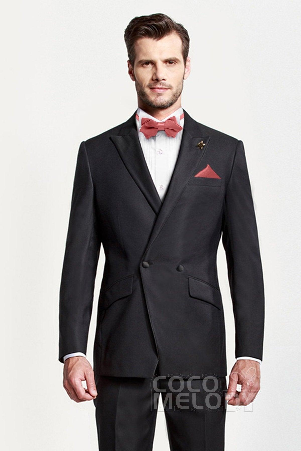 Men's 2-Piece Elastic Silk Like Satin Bow Ties Pocket Square - COCOMELODY