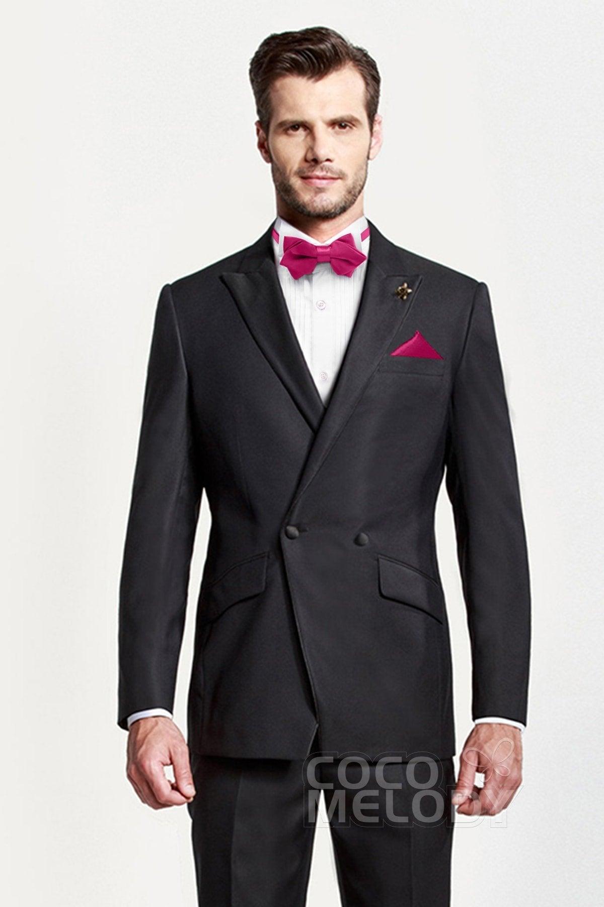 Men's 2-Piece Elastic Silk Like Satin Bow Ties Pocket Square - COCOMELODY
