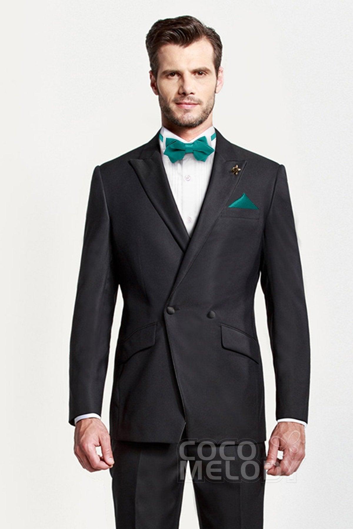 Men's 2-Piece Elastic Silk Like Satin Bow Ties Pocket Square - COCOMELODY