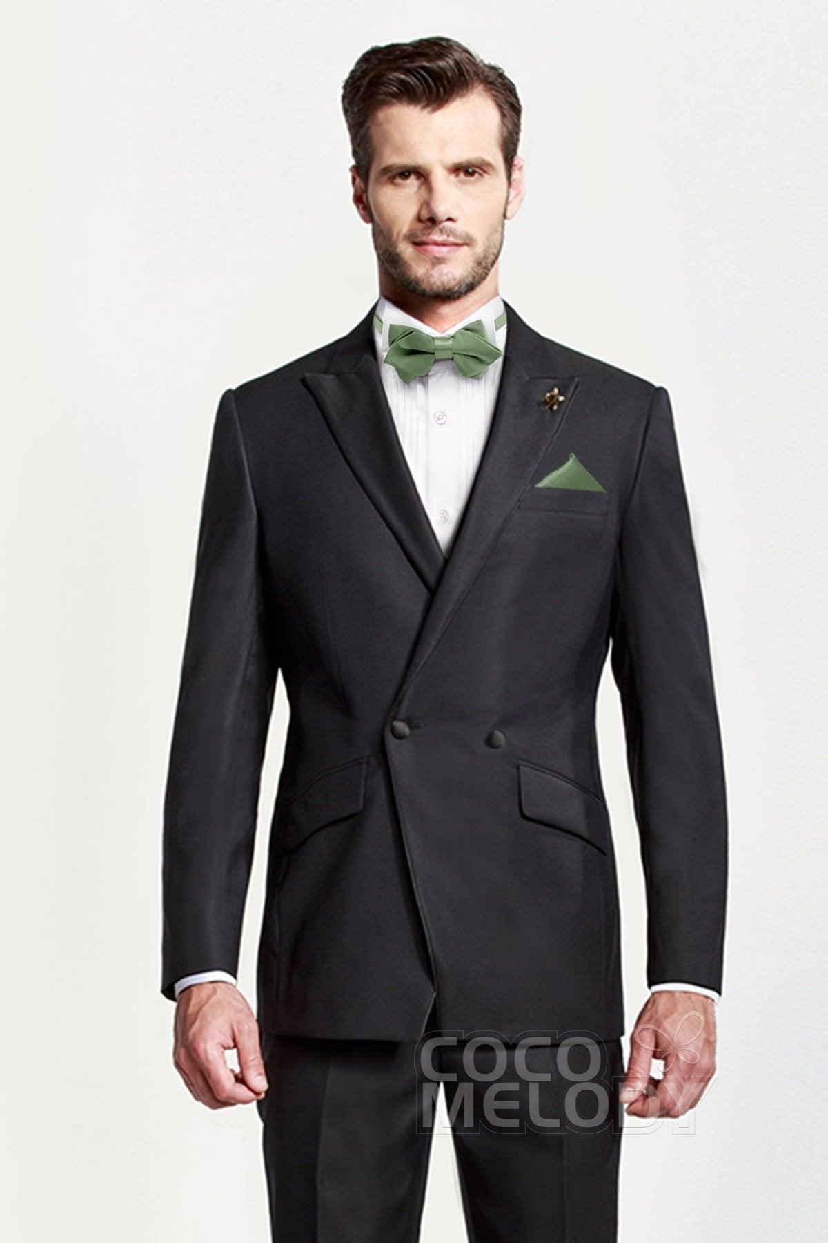 Men's 2-Piece Elastic Silk Like Satin Bow Ties Pocket Square - COCOMELODY