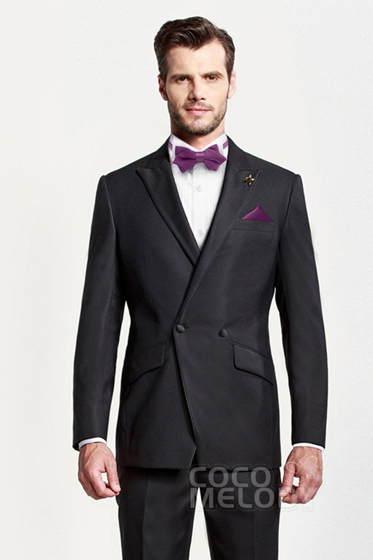 Men's 2-Piece Elastic Silk Like Satin Bow Ties Pocket Square - COCOMELODY