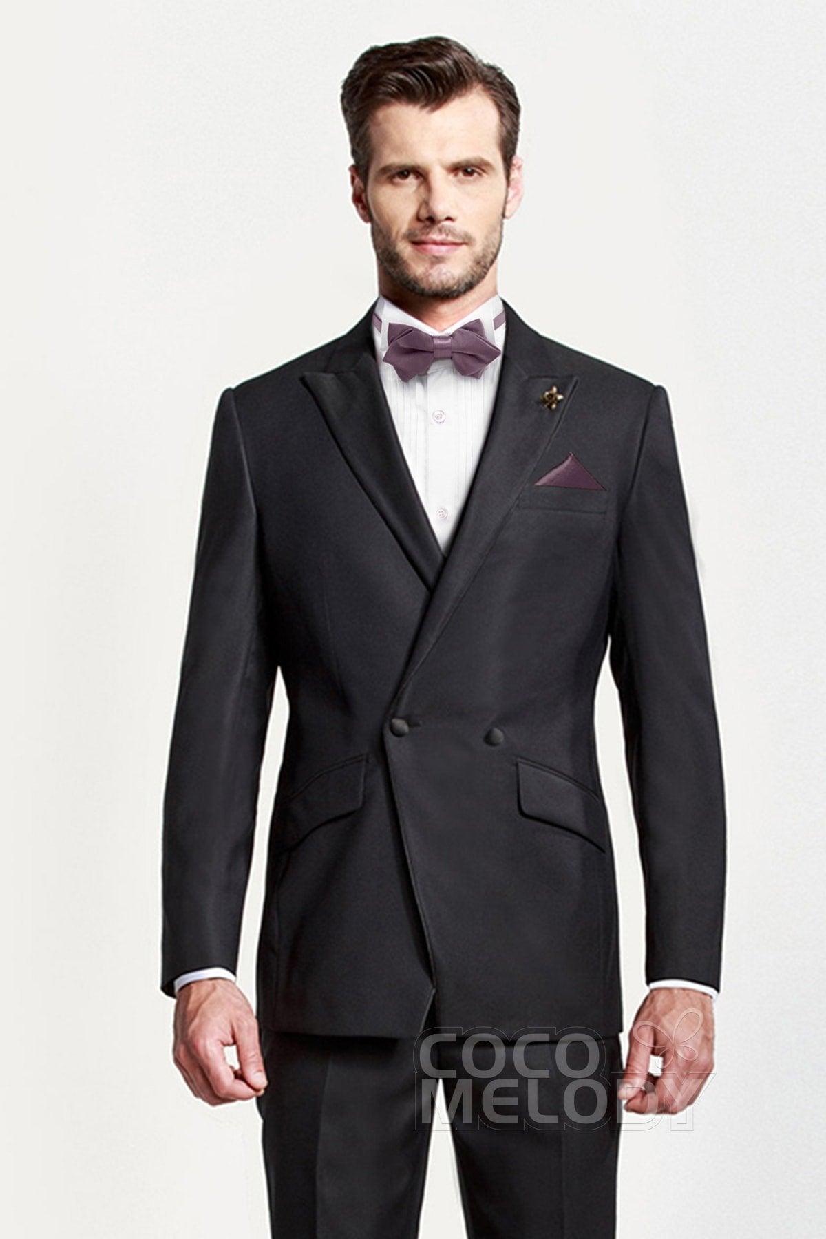Men's 2-Piece Elastic Silk Like Satin Bow Ties Pocket Square - COCOMELODY