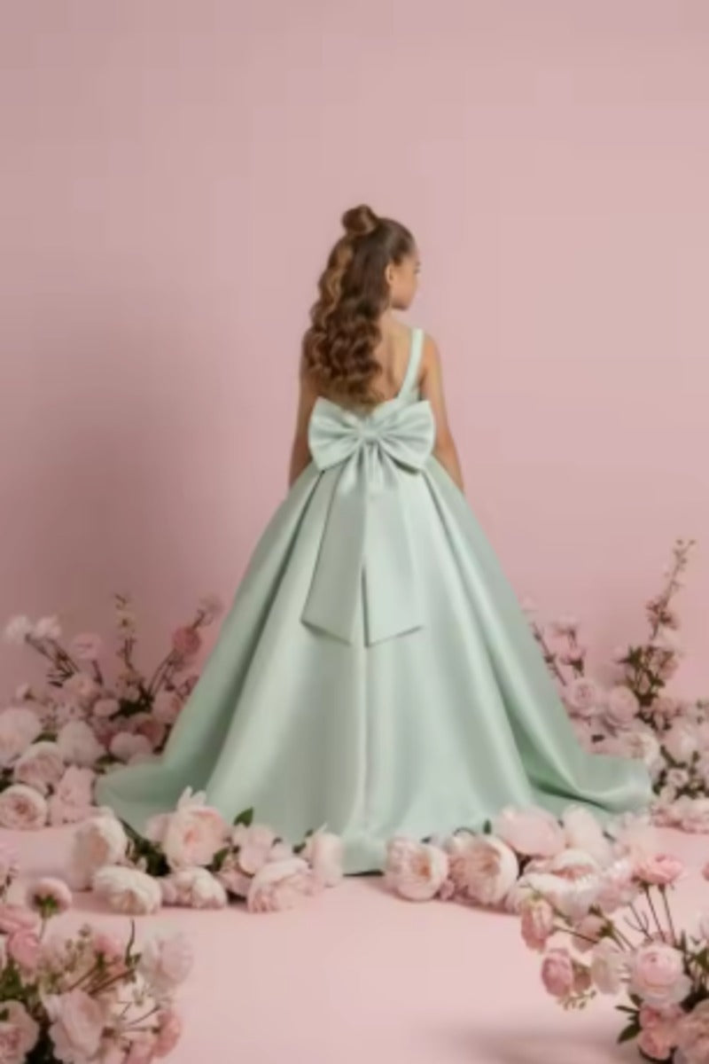 Satin V-Back Large Bow Sweep-Brush Train Wedding Gown Flower Girl Dresses 1057873354822
