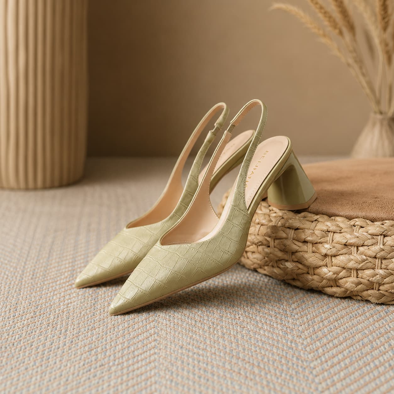 Croc Embossed Pointed Toe Slingback Pumps Block Heel Shoes 1039842418241