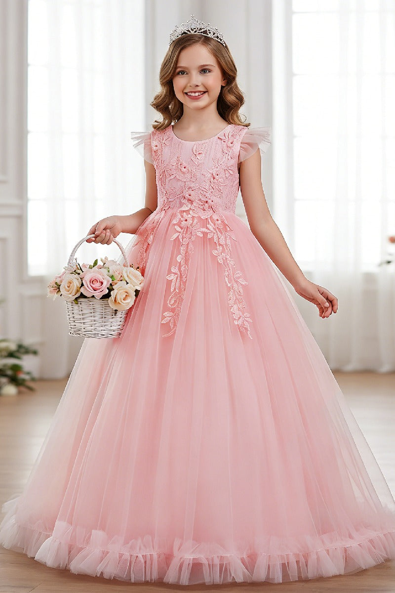 A-Line Round Neck Flutter Cap Sleeve Lace Applique Tulle Floor Length Flower Girl Dresses 1031527052172