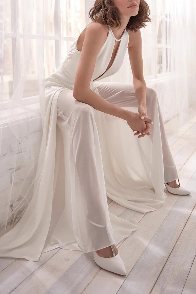 Halter Floor Length Chiffon Wedding Jumpsuit 938528175857