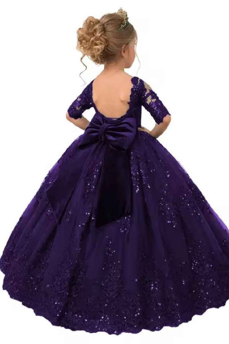 A-Line Illusion Half Sleeve Floor Length Flower Girl Dresses 639993621131