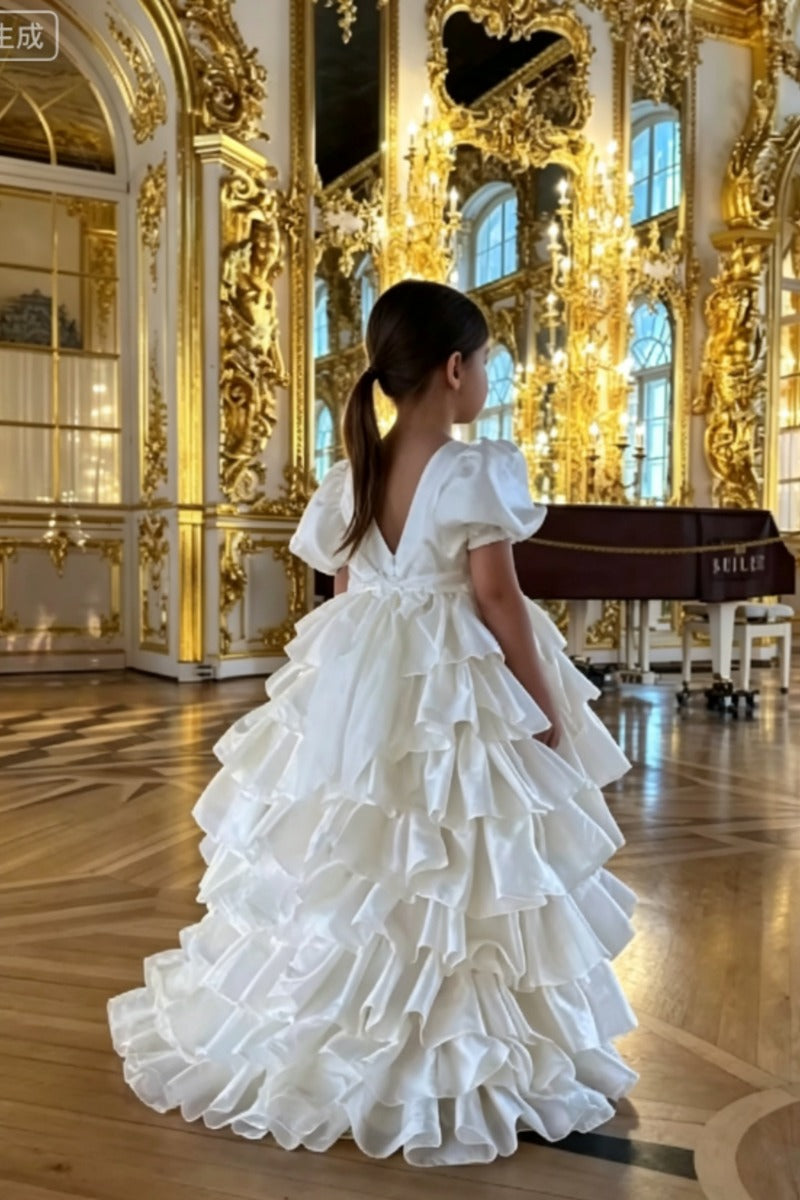 Romantic High-Low Train Tiered Ruffles Back Bow Flower Girl Dresses 950388949190