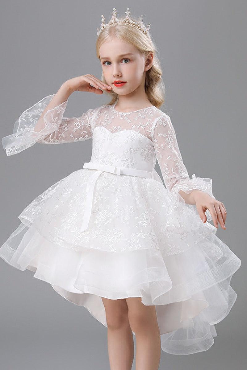 A-Line Scoop Neck Long Sleeve High-Low Tulle Flower Girl Dresses 732392319918 - COCOMELODY