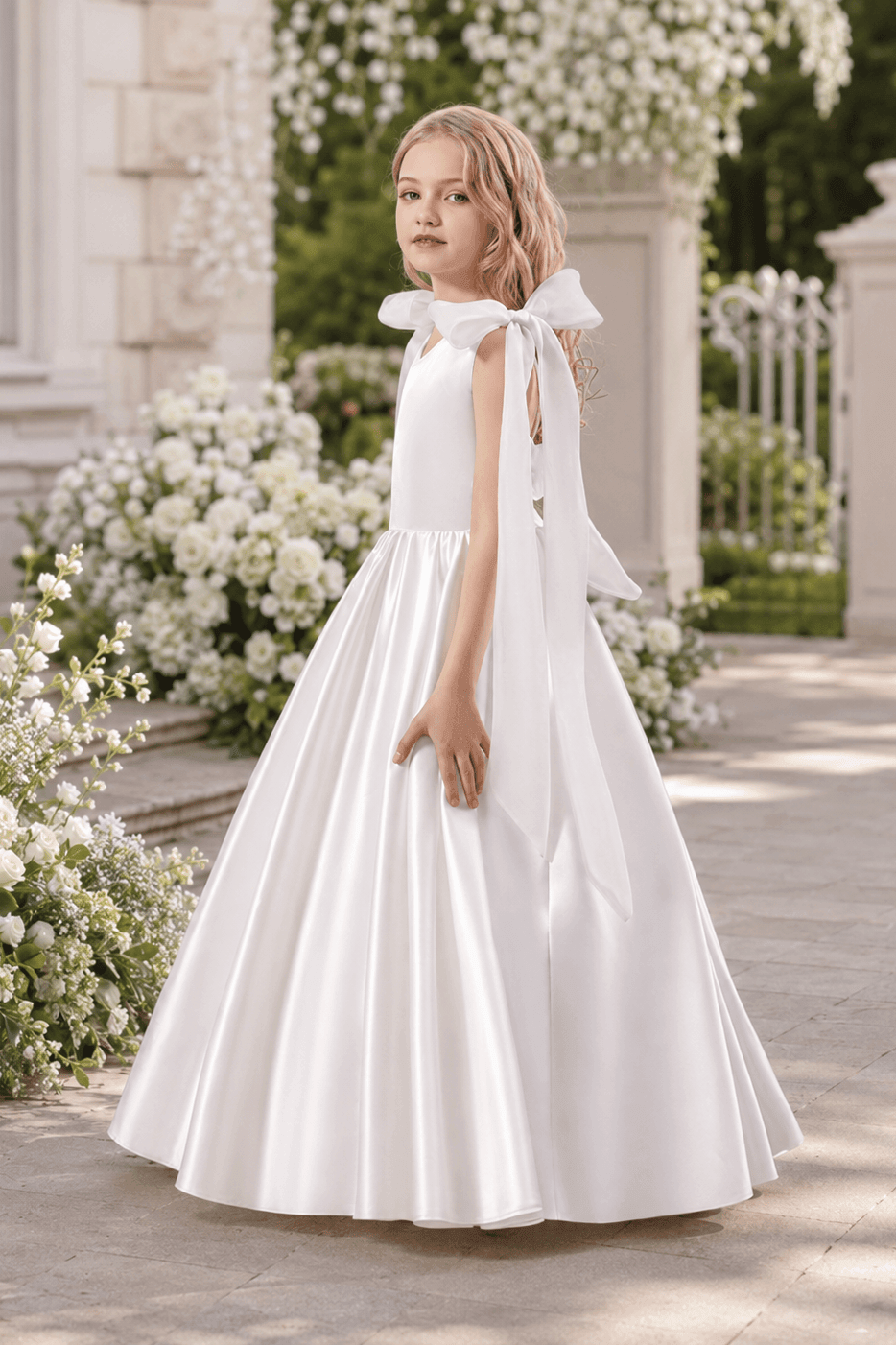A-Line Satin Bow Shoulder Straps Sleeveless Flower Girl Dresses 955761680626 - 7 Days / As Picture / 130cm - COCOMELODY