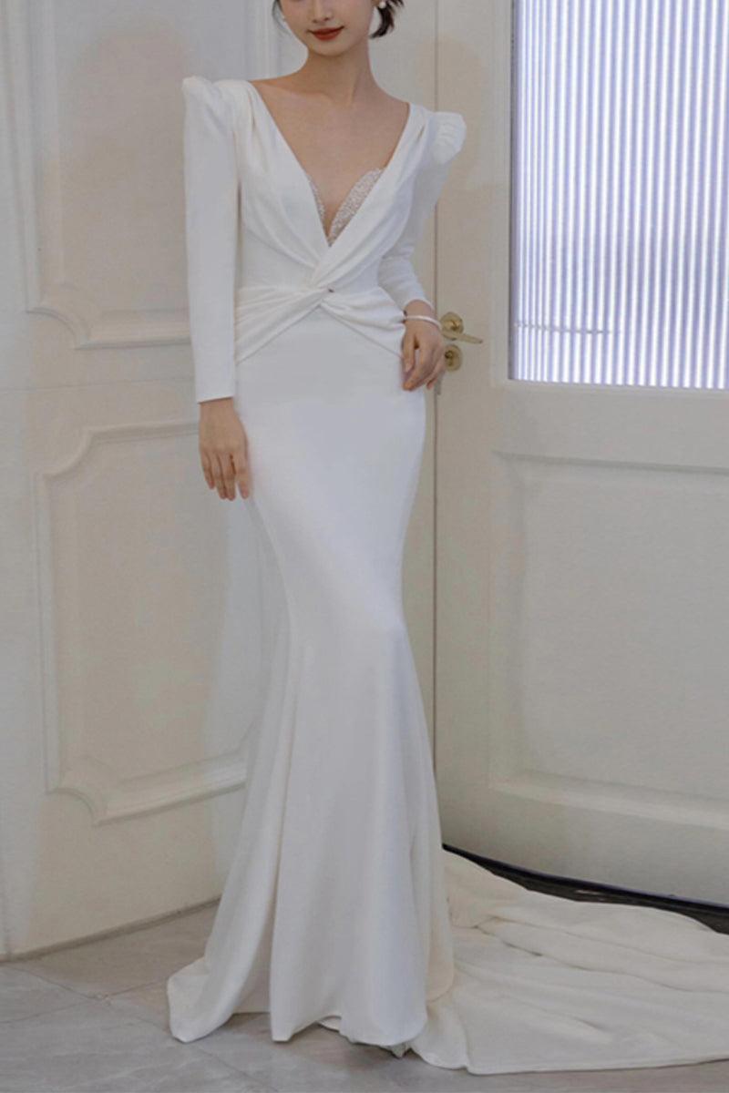 Trumpet-Mermaid Sweep-Brush Train Elastic Cloth Wedding Dress 838058024614 - COCOMELODY