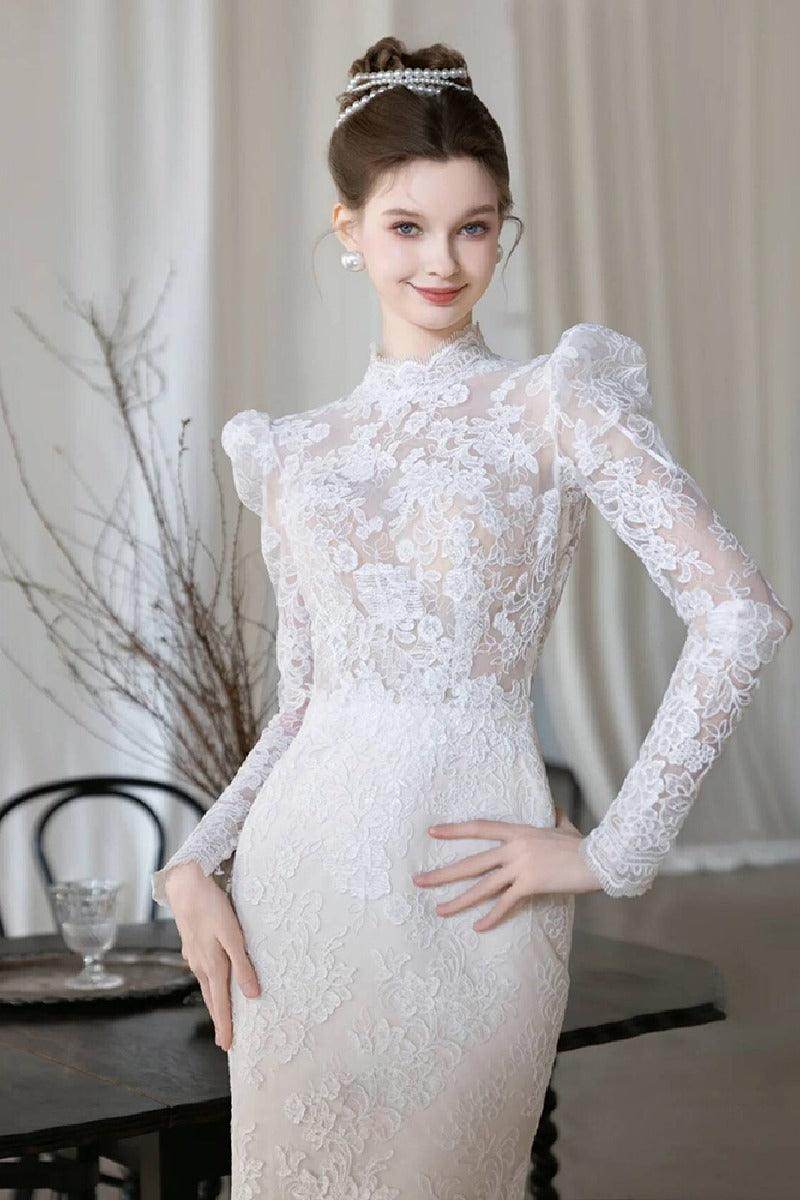 Trumpet-Mermaid Sweep-Brush Train Lace Wedding Dress 818104899723 - COCOMELODY