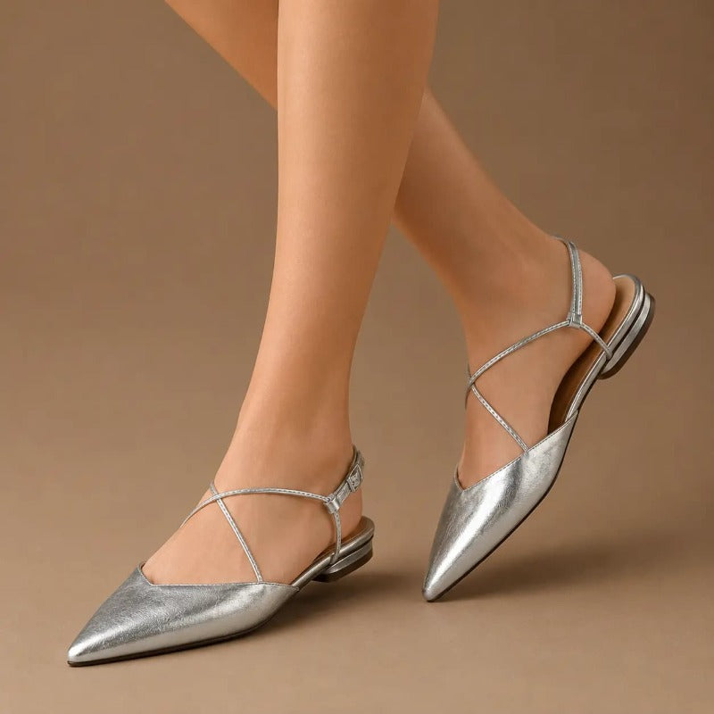 Pointed Toe Slingback Flats with Strappy Metallic Finish Shoes 1048732161565