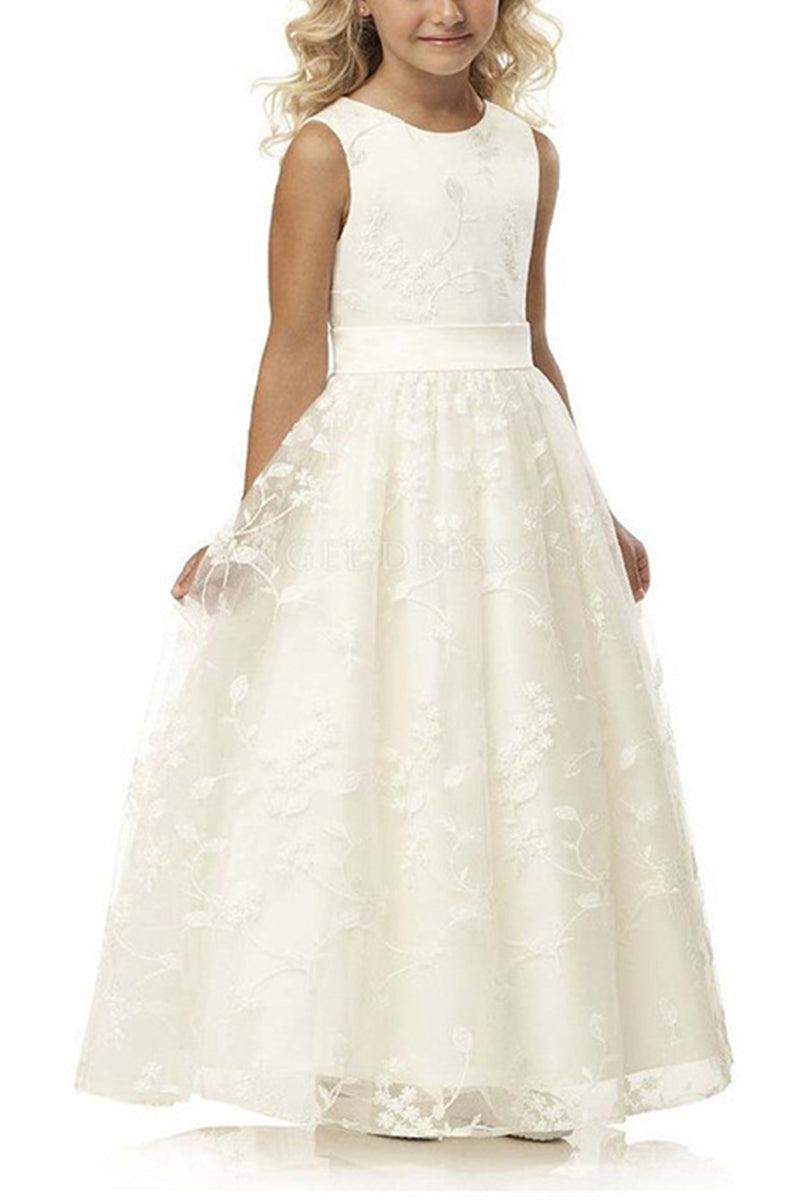 A-Line Illusion Neck Tulle Maxi Flower Girl Dresses 850572630797