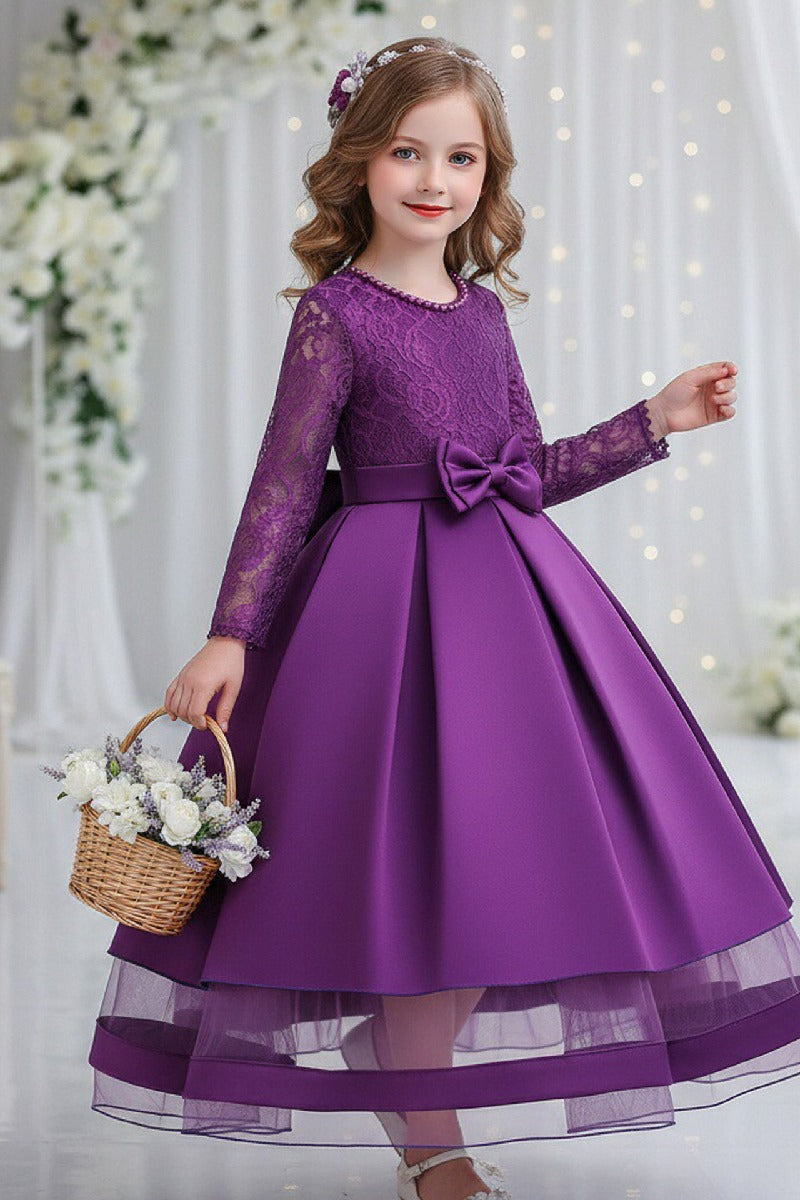 A-Line Pearl Neck Long Sleeve Satin Ankle Length Flower Girl Dresses 1049638009353