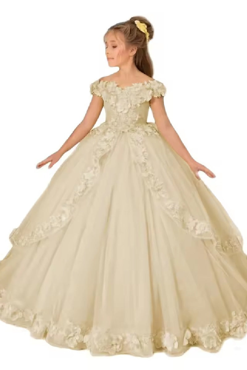 A-Line Off The Shoulder Cap Sleeve Tulle Court Train Flower Girl Dresses 905552294527