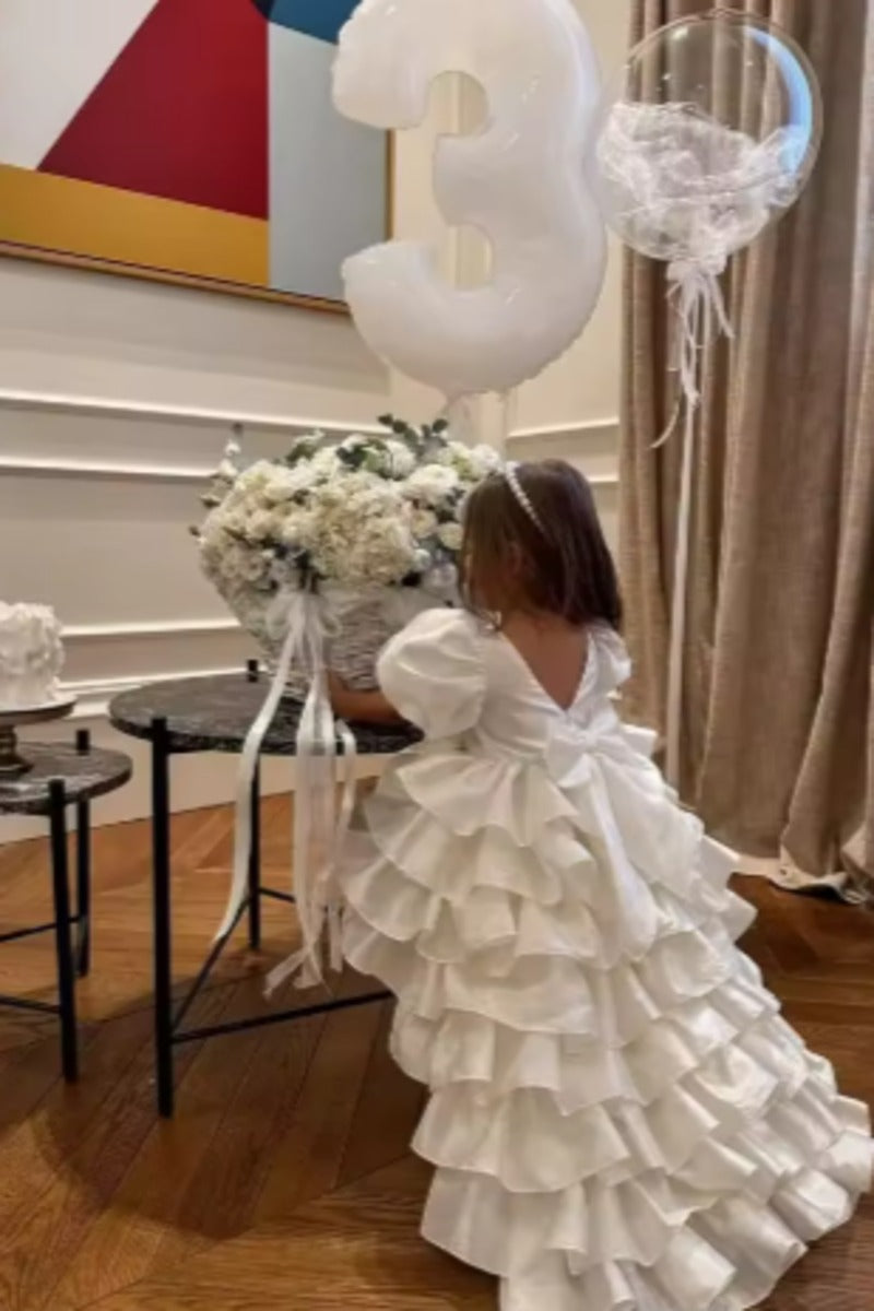 Romantic High-Low Train Tiered Ruffles Back Bow Flower Girl Dresses 950388949190