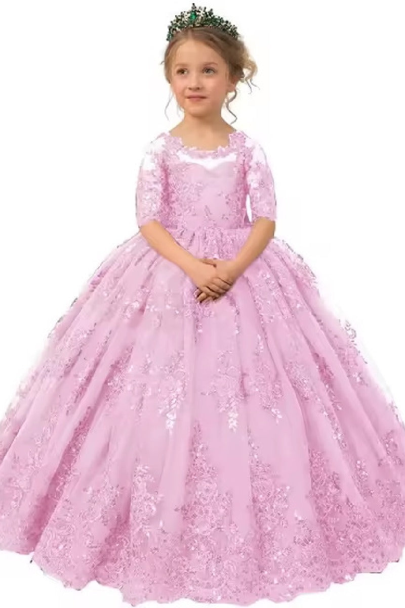 A-Line Illusion Half Sleeve Floor Length Flower Girl Dresses 639993621131
