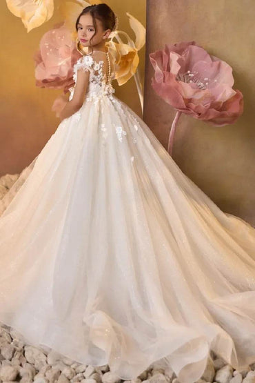 A-Line Illusion Neck Short Sleeve Tulle Court Train Flower Girl Dresses 903004046897 - COCOMELODY