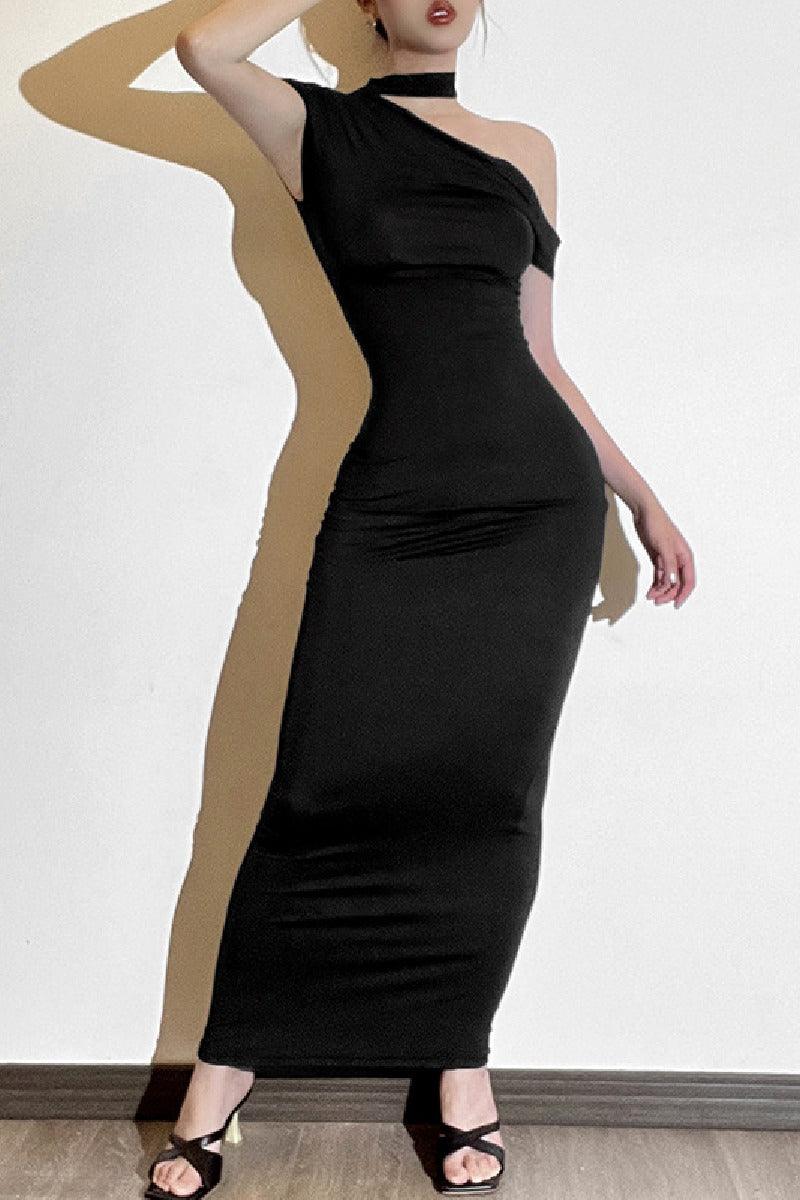 Stylish slim-fit dress with sloping neck and off-the-shoulder 784979974906 - COCOMELODY