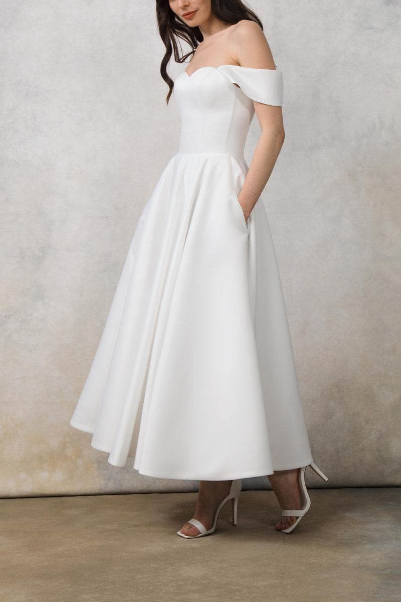 A-Line Tea Length Satin Little White Dress 100042 - COCOMELODY