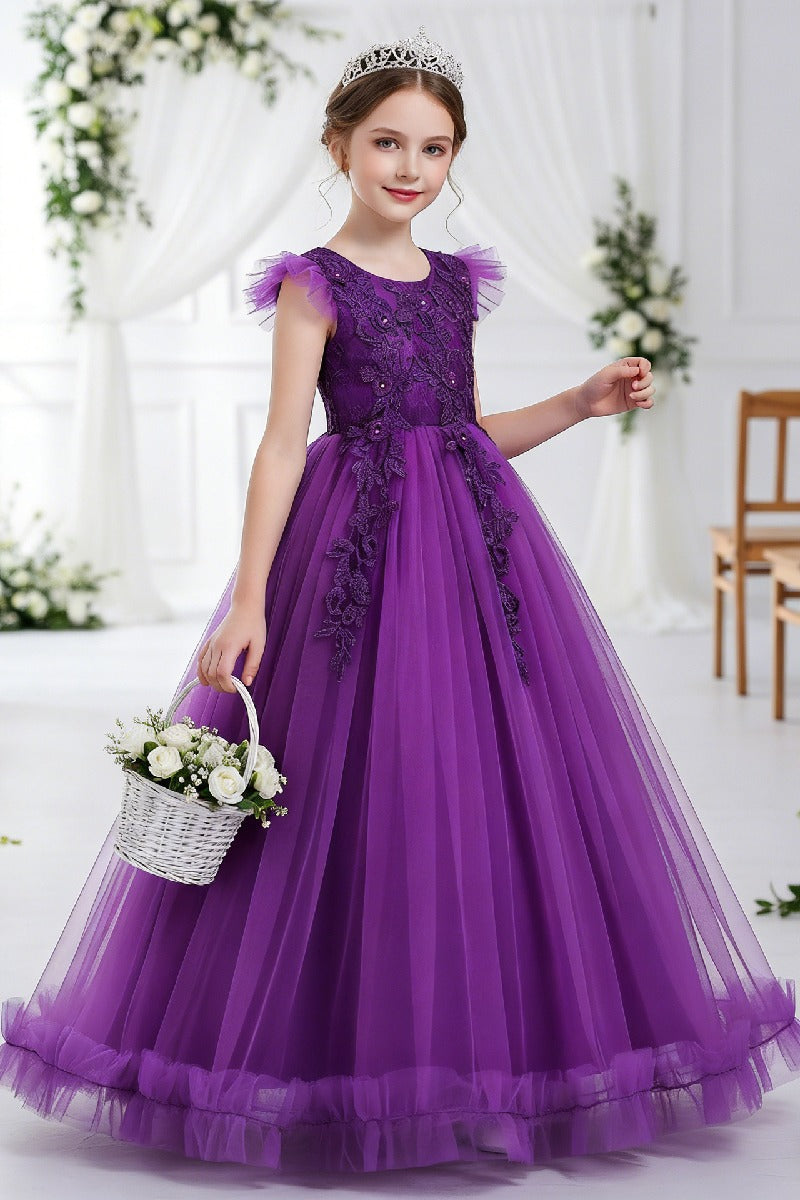 A-Line Round Neck Flutter Cap Sleeve Lace Applique Tulle Floor Length Flower Girl Dresses 1031527052172