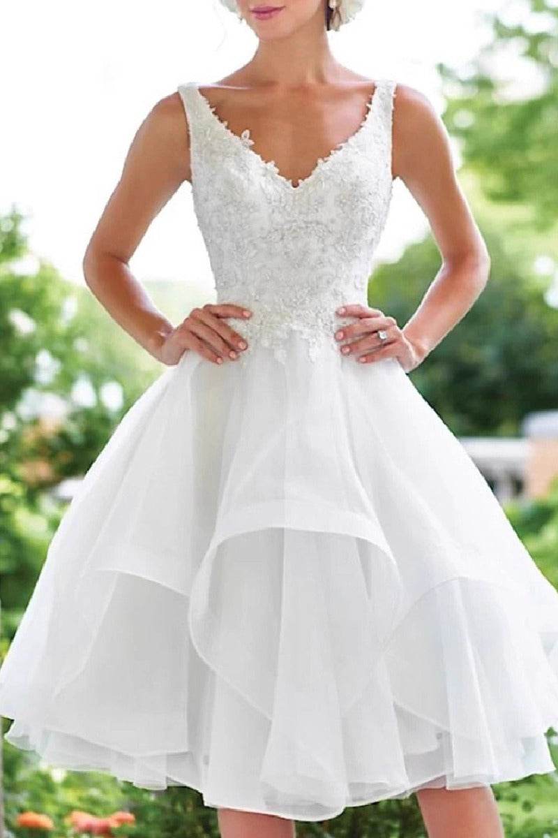 A-Line Midi Appliques Tulle Little White Dress 649961087264 - COCOMELODY