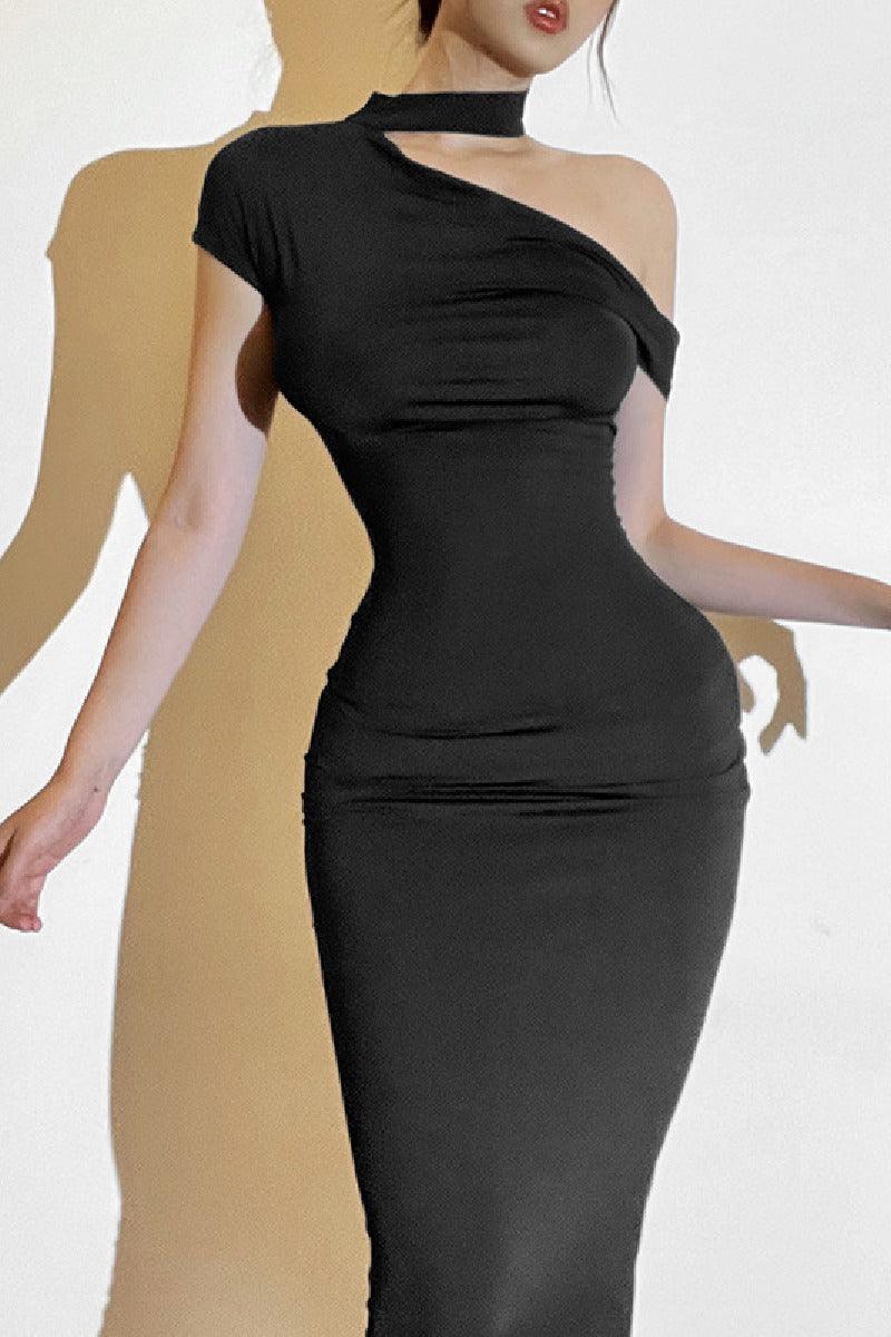 Stylish slim-fit dress with sloping neck and off-the-shoulder 784979974906 - COCOMELODY