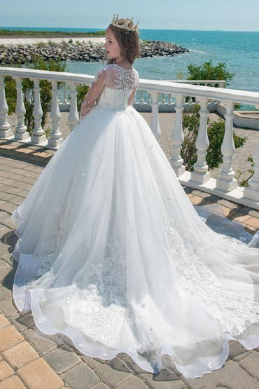 Ball Gown Illusion Lace Sleeves Tulle Sweep-Brush Train Flower Girl Dresses 618147584052