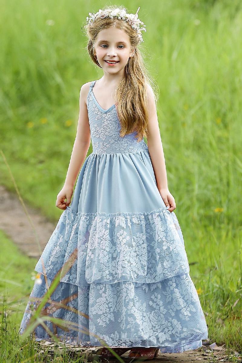 A-Line V-Neck Neckline Sleeveless Maxi Chiffon Flower Girl Dresses 751591439858