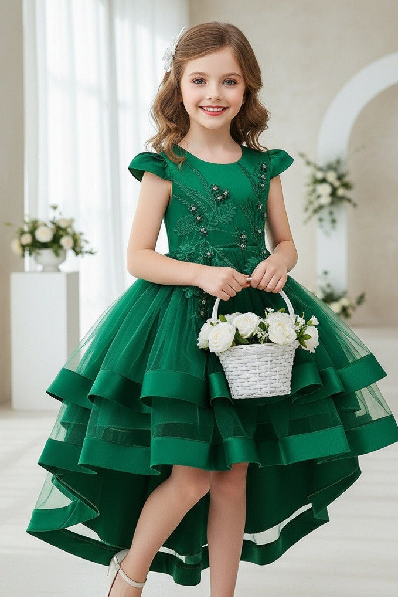 Princess Cap Sleeve High-Low Tulle Satin Ribbon Trim Flower Girl Dresses 1029094443108