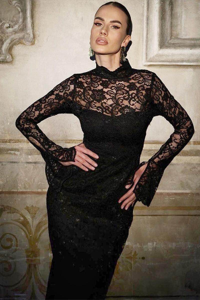 Lace patchwork slim long sleeved cocktail dress 769178582453 - COCOMELODY