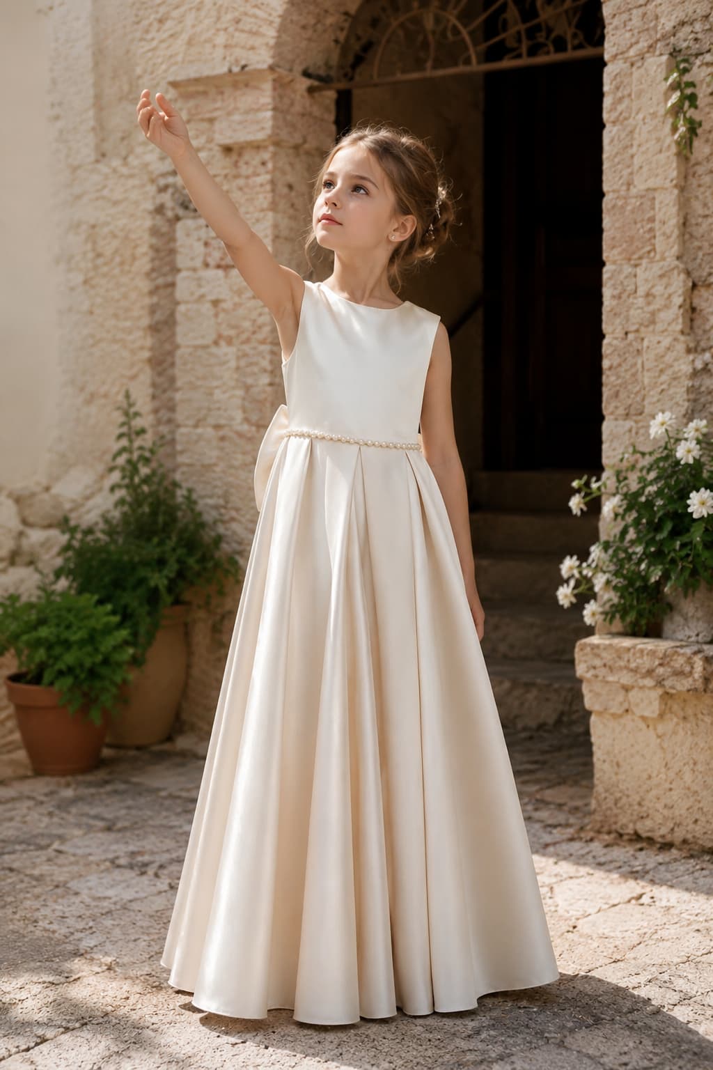 Elegant Satin Pearl Waist Pleated Skirt Bow Back Flower Girl Dresses 807252665221