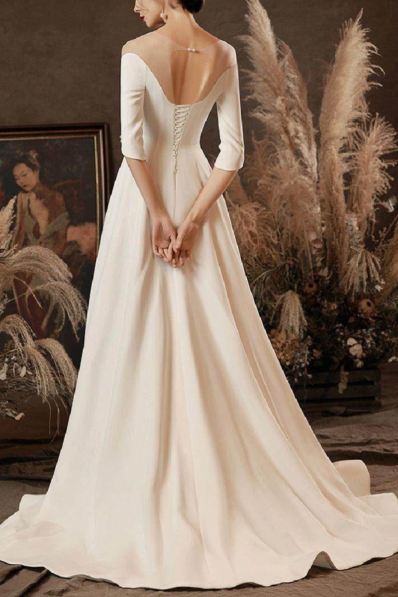 A-Line Sweep-Brush Train Satin Wedding Dress 654904974053 - COCOMELODY