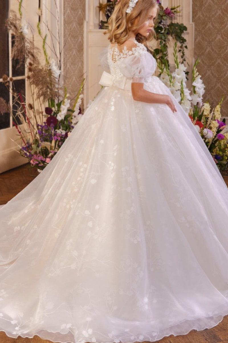 A-Line Illusion Neck Puff Sleeves Tulle Flower Girl Dresses With Bow(s) 808548412340 - COCOMELODY
