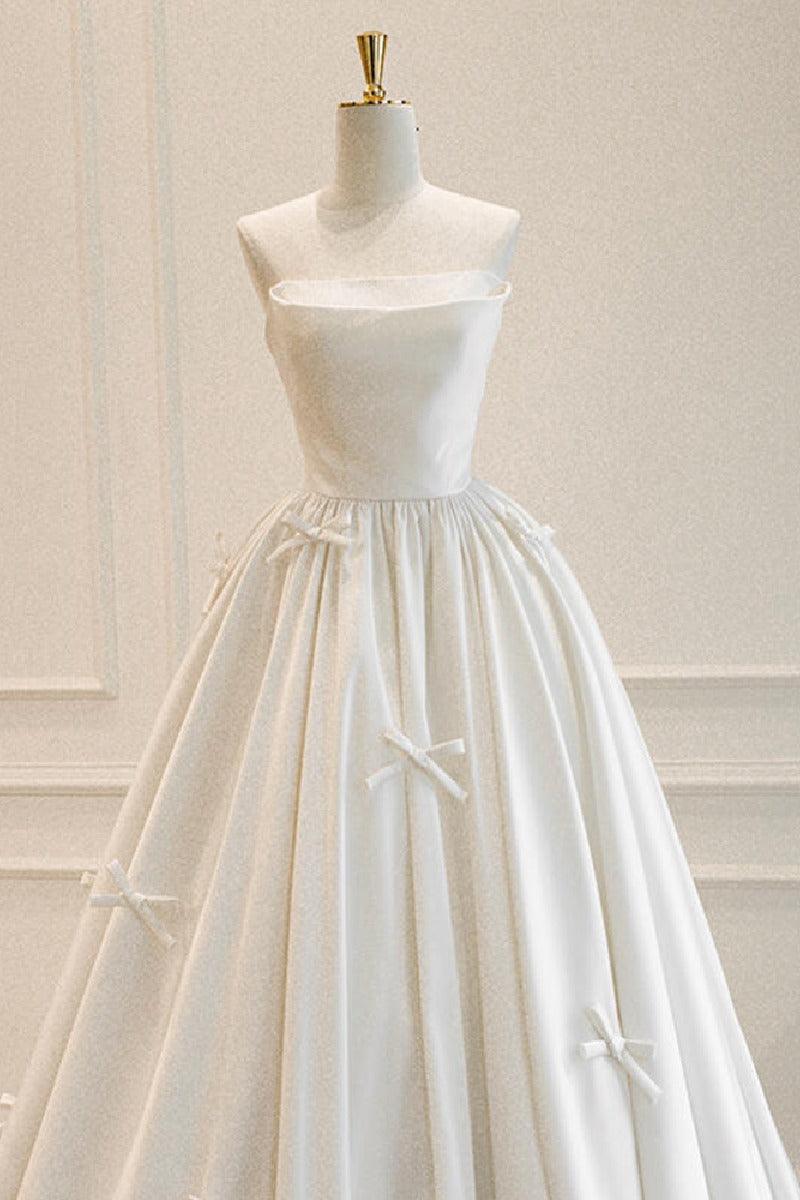 A-Line Sweep-Brush Train Satin Wedding Dress 819306631963 - COCOMELODY