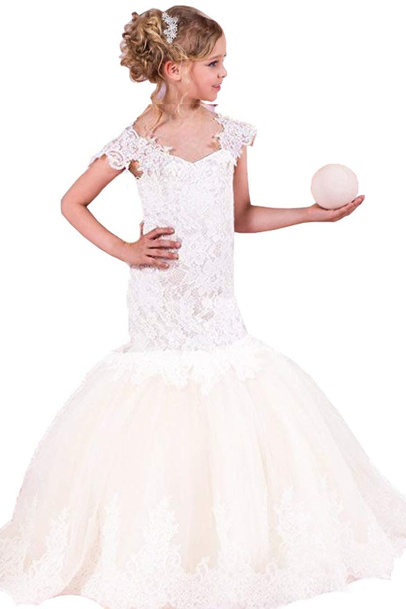 Lace Mermaid Trumpet V-Neck Tulle Flower Girl Dresses 618222534813